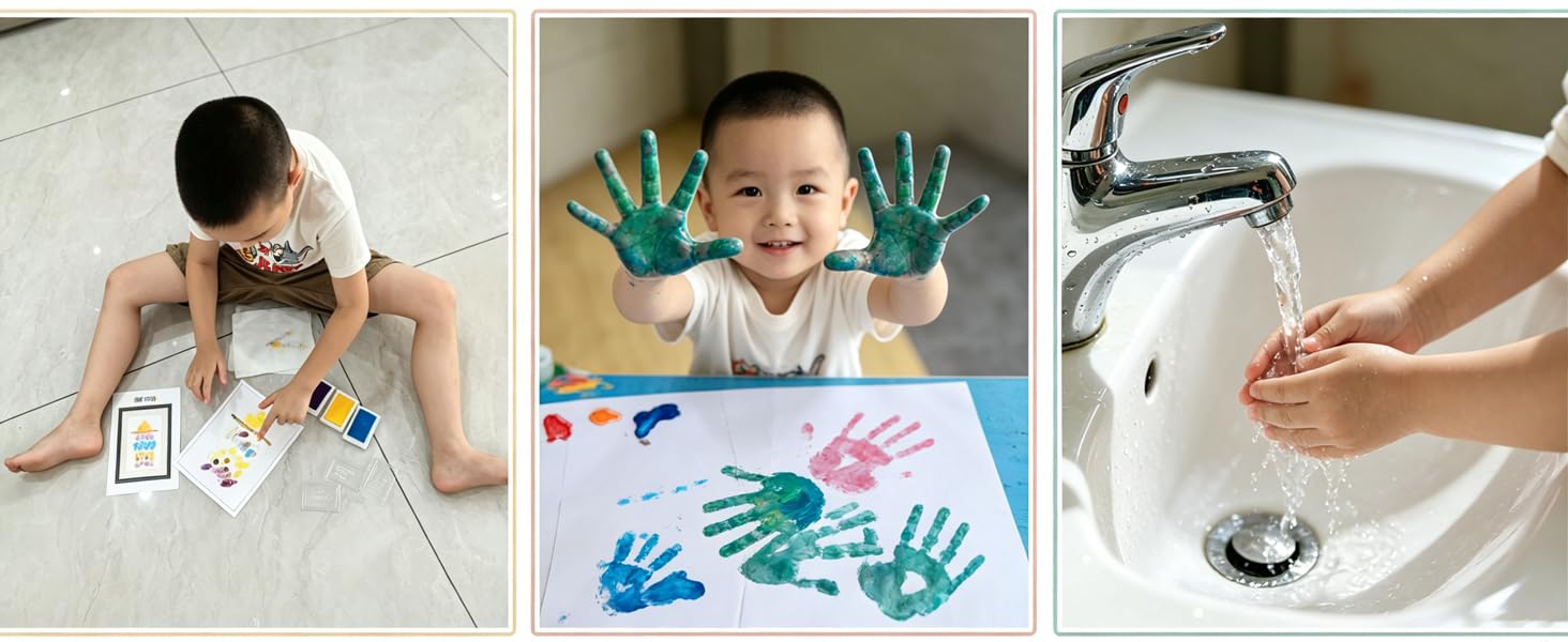 hand washing red stamp ink off with soap and water, no stain left, washable ink pads for kids