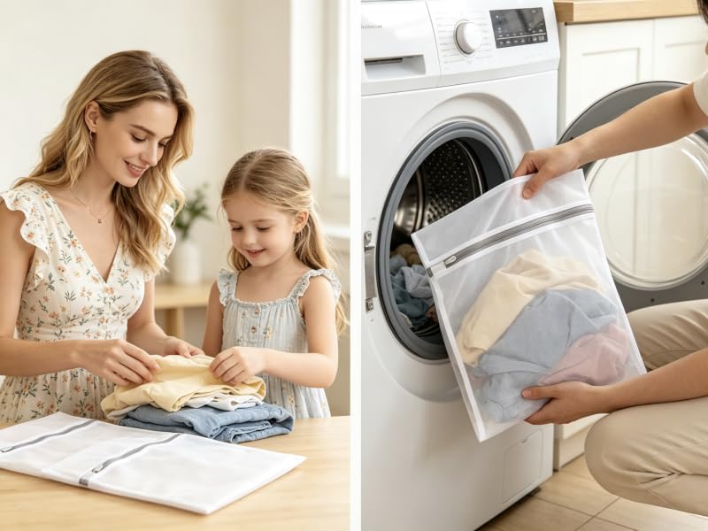 Mother and girl are sorting clothes into laundry bag, while the father puts them into the washing.