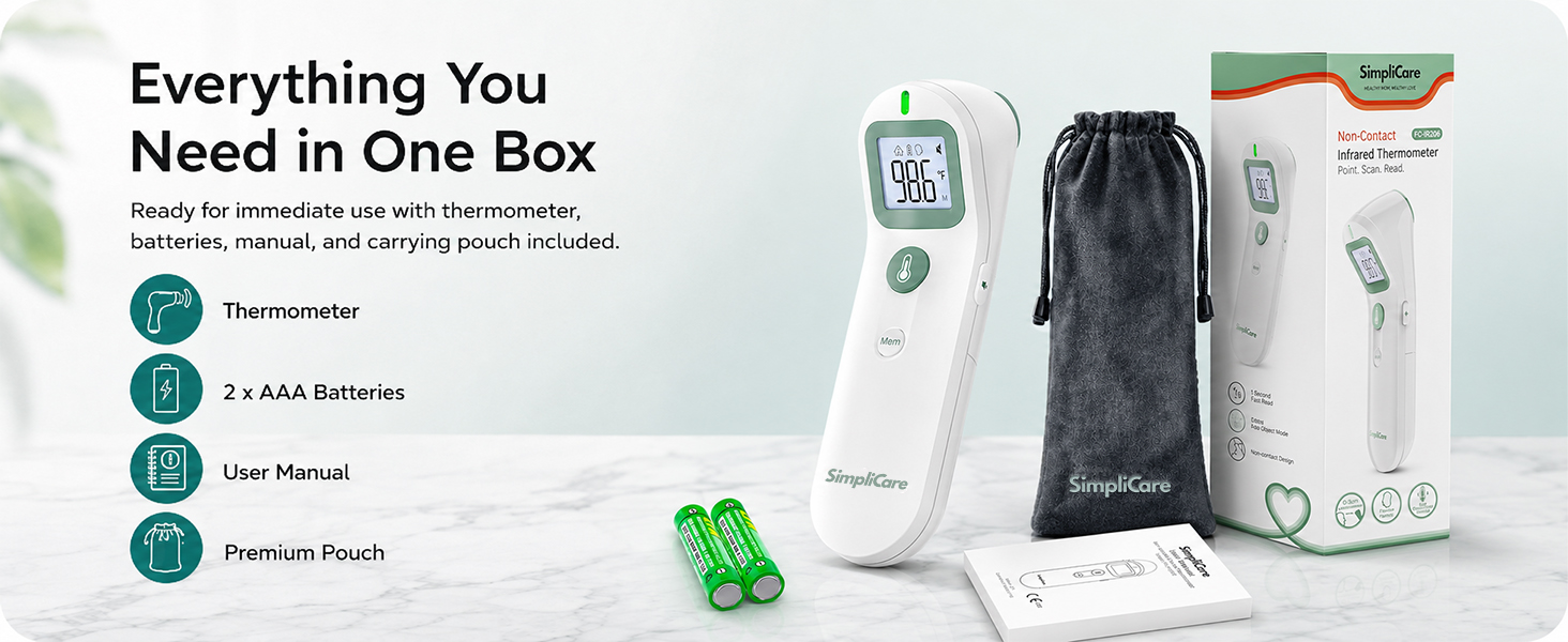 SimpliCare FC-IR206 infrared thermometer with forehead and object mode features