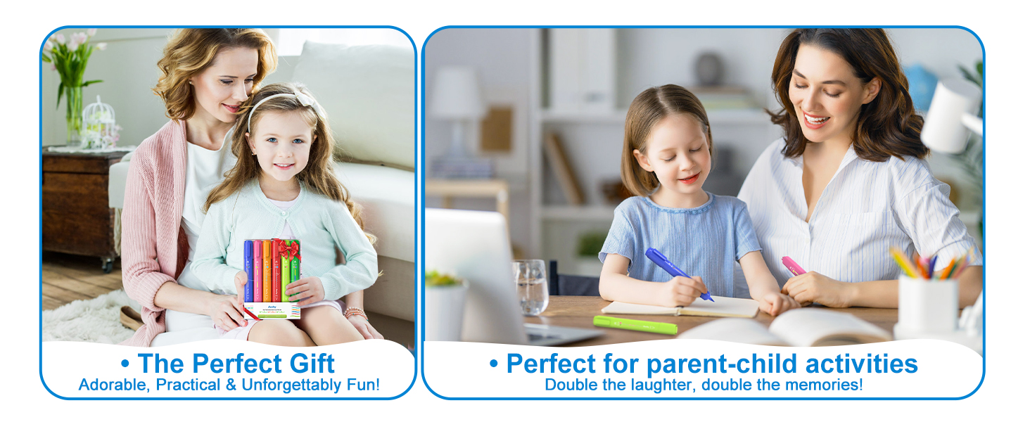 Text reads 'The Perfect Gift' and 'Perfect for parent-child activities'. Split panel image showing two scenes of adults and children interacting with educational materials.