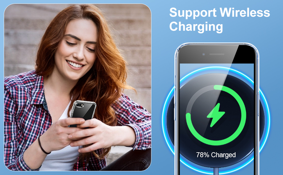 Smartphone wireless charging feature showcased with user holding phone and charging animation display showing 78% charged status.
