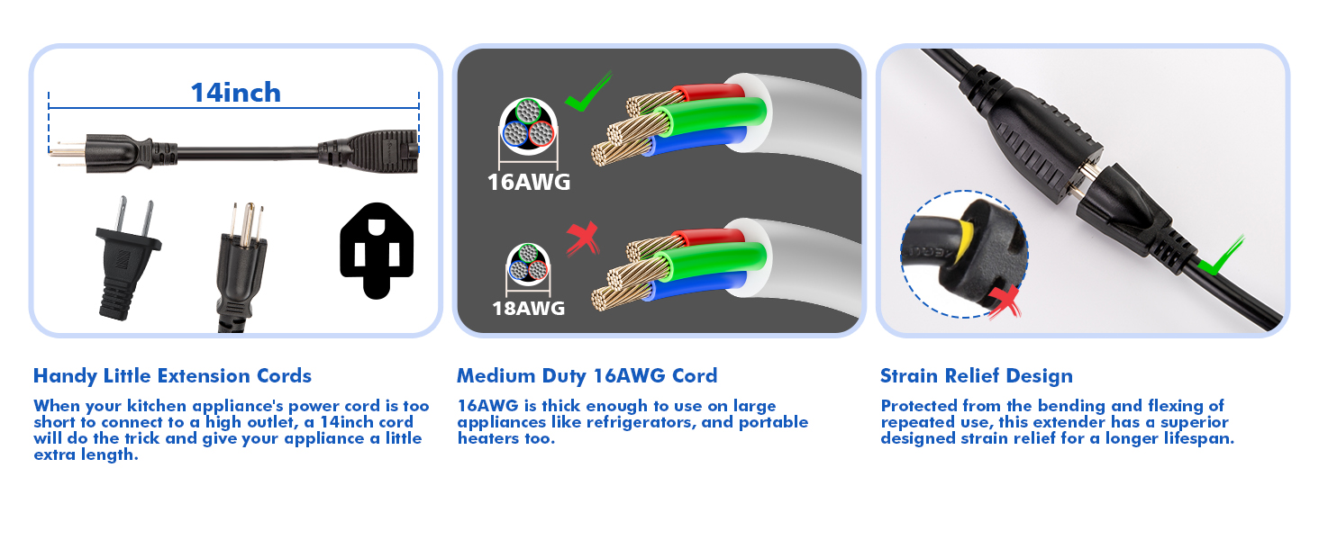 Handn Little Extension Cords, Medium Duty 16AWG Cord, Strain Relief Design
