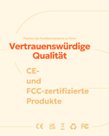 Text-based image with orange and beige text on light background. Mentions 'Vertrauenswürdige Qualität' and 'CE- und FCC-zertifizierte Produkte'. Includes certification symbols at bottom.