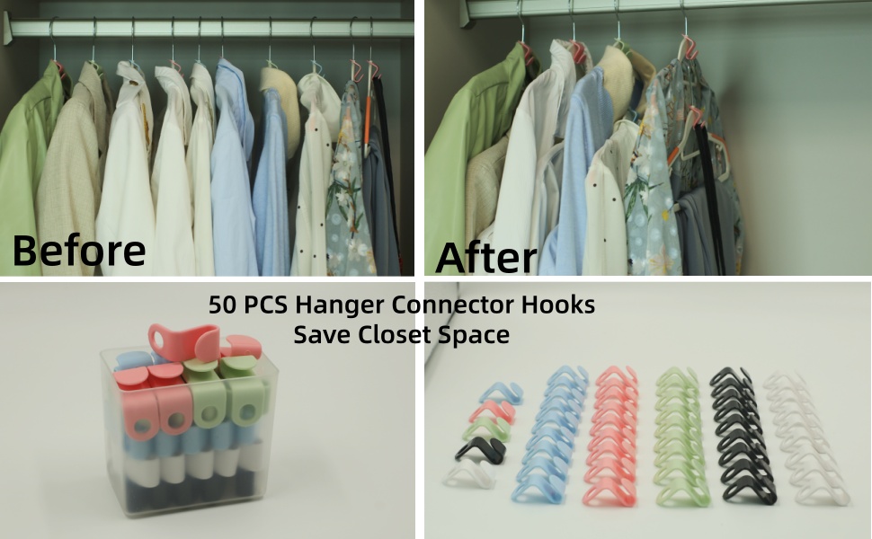 Hanger connector hooks for closet organization, space-saving clothes hangers