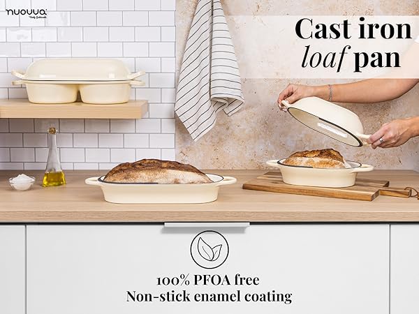 Text reads 'Cast iron loaf pan' and 'Non-stick enamel coating'. Series of images showing bread baking pan in use with dough preparation.