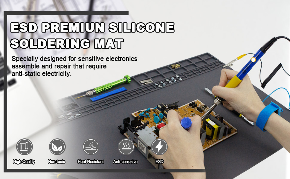 ESD Premium Silicone Soldering Mat shown in use with electronic components, featuring anti-static properties for sensitive electronics assembly and repair.