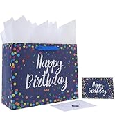 13” Large Blue Happy Birthday Gift Bag Set with Handles, Greeting Card, Tissue Papers and Sticker...