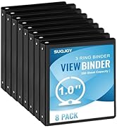 SUQJOY 1-inch 3-Ring Binder, 1" Round Ring Binder with 2 Inside Pockets, 8 Pack Black Binders, Cl...