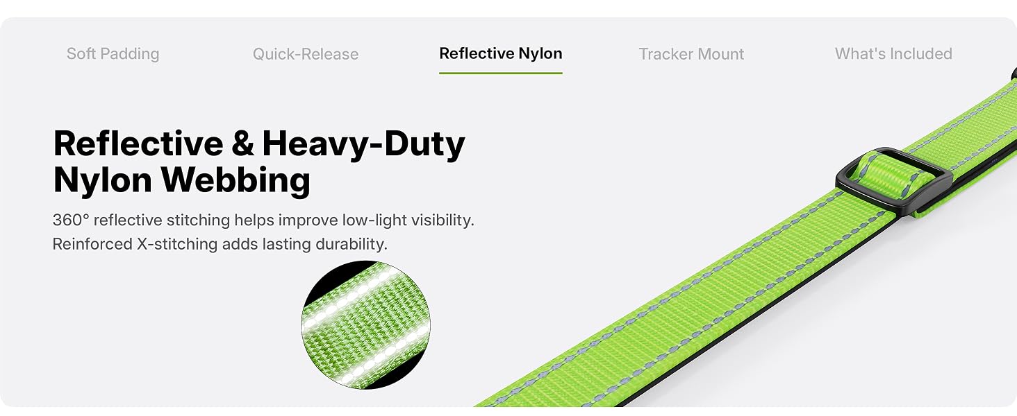 360 degree reflective stitching on heavy duty nylon dog collar webbing low light visibility