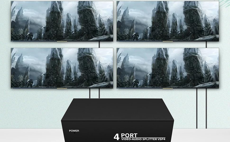 Powered 4 Way 3 RCA Splitter Box 1 in 4 Out for Gaming Console to tv Projector Video Capture Card