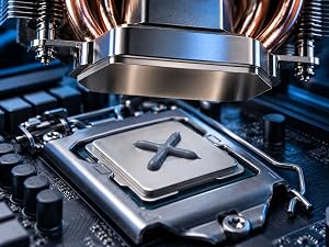 heatsink being lowered on to CPU with thermal paste