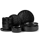 E-far Black Plates and Bowls Sets, 12-Piece Stoneware Dinnerware Set for 4 | Modern Ripple Design...