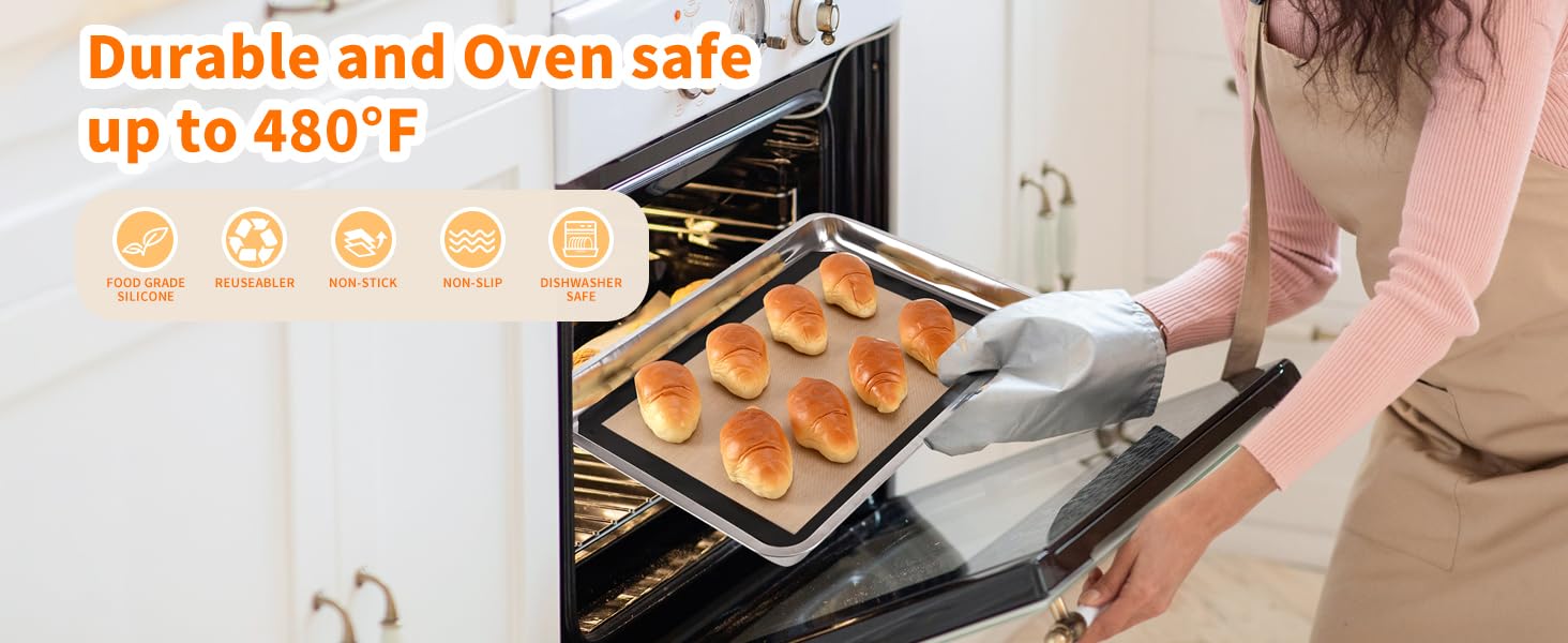 oven safe silicone baking mat up to 480 degrees durable nonstick dishwasher safe and food grade