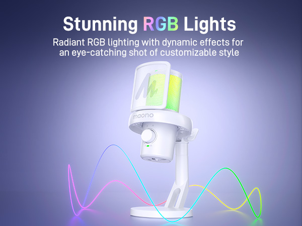 White cylindrical device on stand with colorful RGB light display. Text describes 'Stunning RGB Lights' with dynamic effects for customizable style.