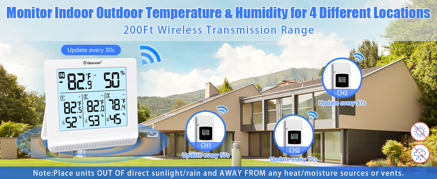 Indoor Outdoor Thermometer Wireless with 3 Remote Sensors