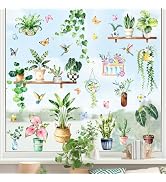 Supzone Green Potted Plants Static Window Clings Double Sided Spring Summer Botanical Leaves Bird...