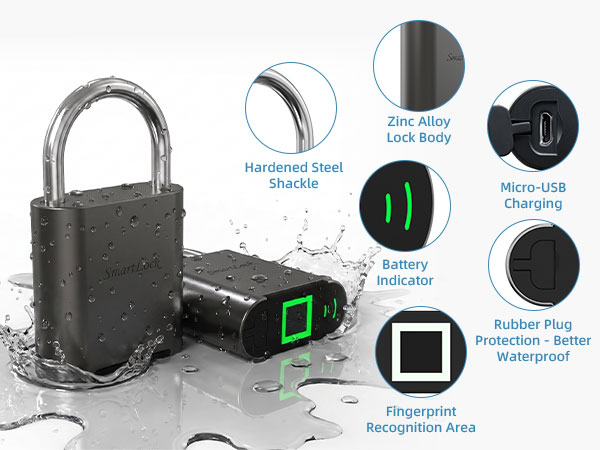 Zinc alloy smart fingerprint padlock, IP waterproof, hardened steel shackle