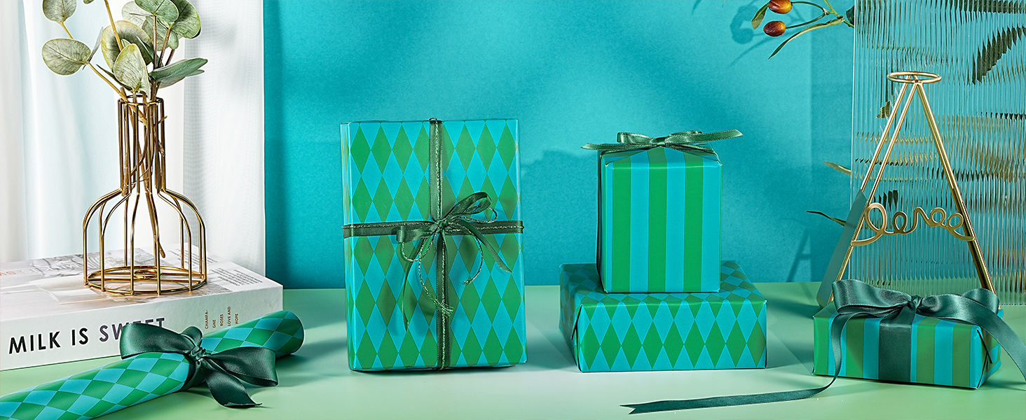 Green & Blue Stripes and Diamond Pattern Reversible Wrapping Paper