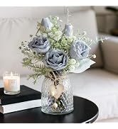 JOHOUSE Artificial Flowers with Vase, 12.5 Inch Grey Faux Rose Arrangement Fake Flowers in Vase w...