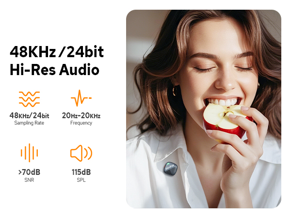 Audio device advertisement showcasing 48KHz/24bit Hi-Res Audio capabilities. Features include 48KHz/24bit sampling rate, 20Hz-20KHz frequency range, >70dB SNR, and 115dB SPL.