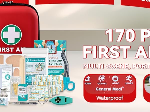 Text reads 'FIRST AID KIT 170 PIECES'. Red first aid kit with multiple compartments shown with contents displayed, including bandages and medical supplies. Waterproof and easy to carry.