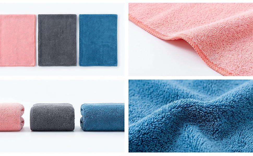 Display of microfiber towels in pink, gray, and blue colors, shown both folded and with close-up texture detail of the fabric surface.