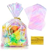 Aubeco 160Pcs Iridescent Cellophane Treat Bags with Ties, 6x9 Inch Holographic Plastic Goodie Bag...