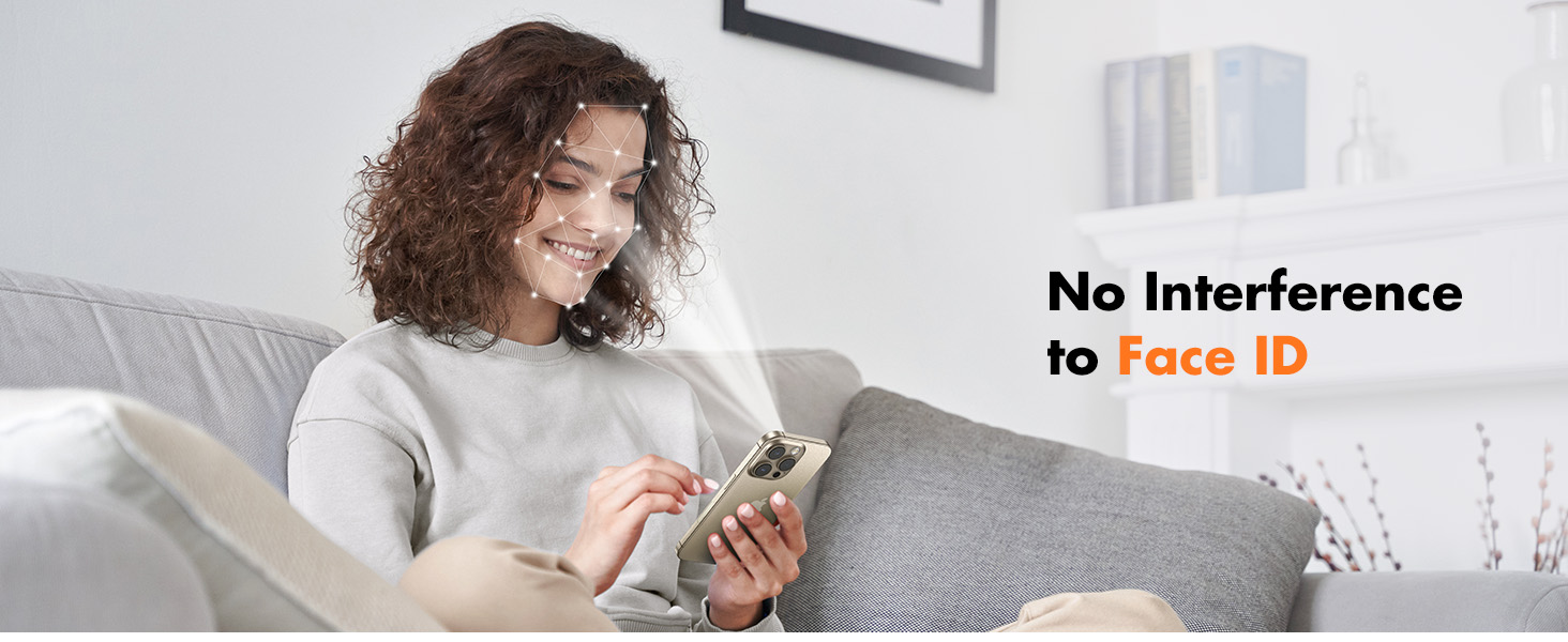 Person using a smartphone on a couch, with text indicating 'No Interference to Face ID', suggesting a product that doesn't interfere with facial recognition technology.