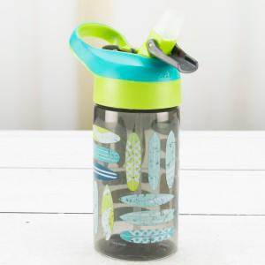 Kids plastic water bottle with open spout and surfboard artwork