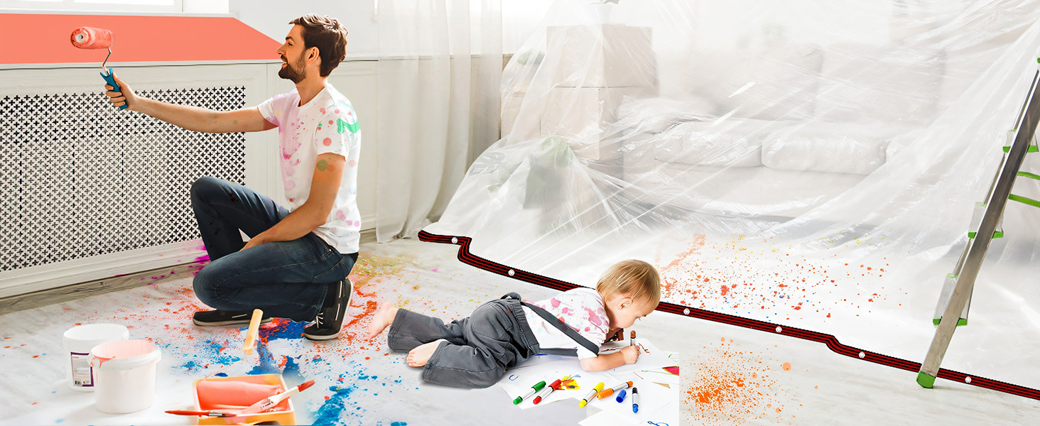 Indoor play area with hanging fabric tent, scattered toys, and a person sitting on the floor interacting with a child.