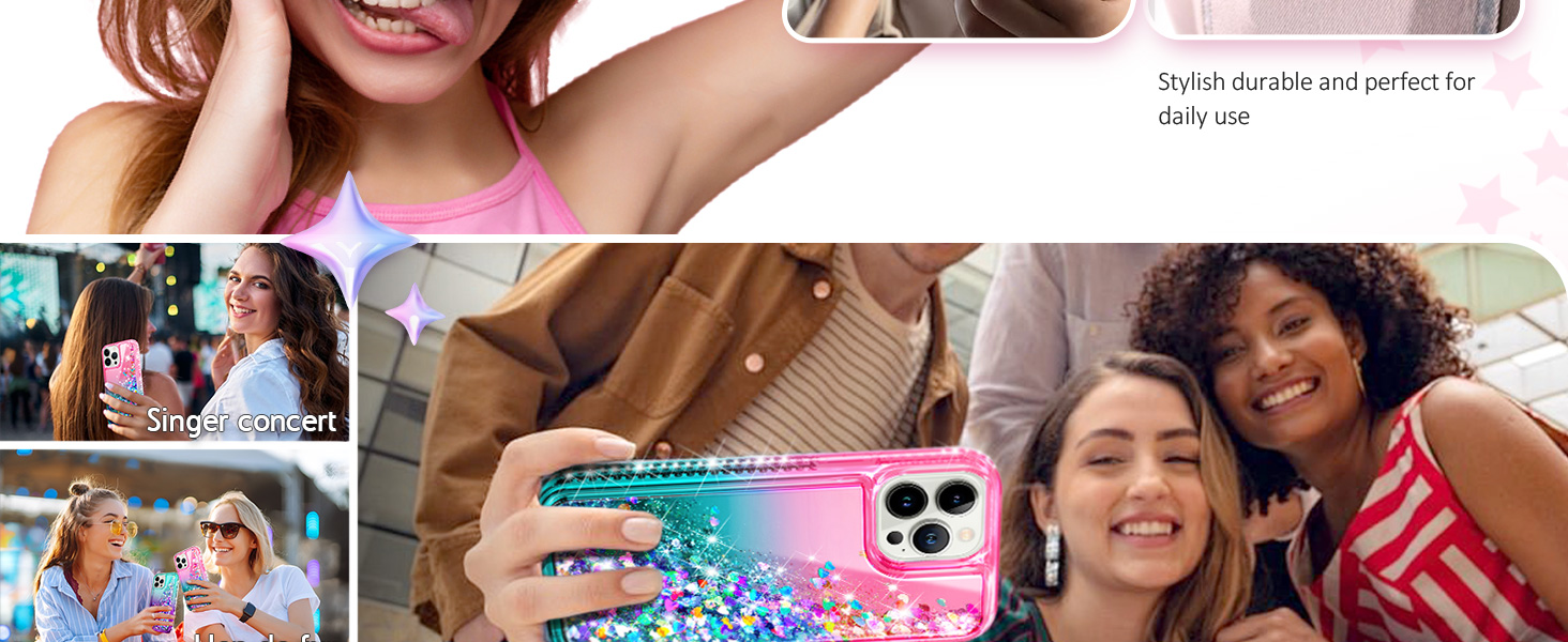 Pink aqua liquid glitter phone case in everyday lifestyle scenes