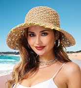Sun Hats for Women Handmade Woven Straw Bucket Hat Wide Brim with Patch UV Protection for Summer