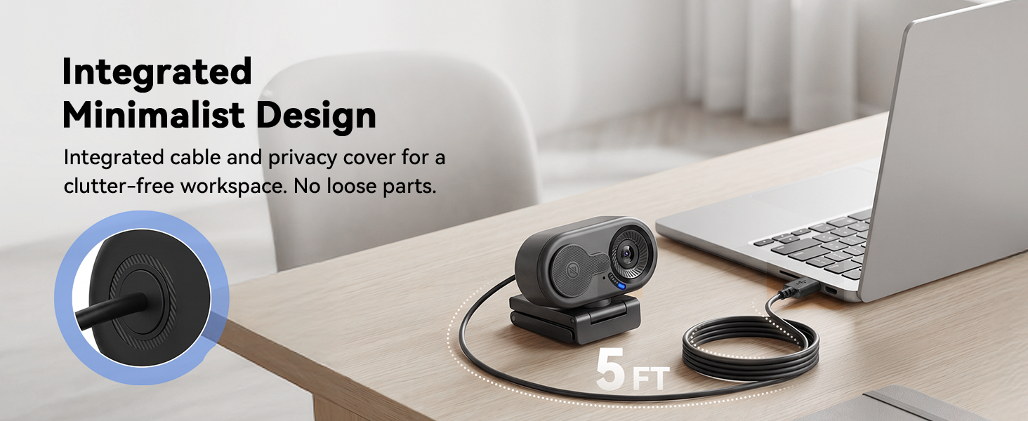 1080P webcam with integrated cable keeps your workspace neat with no extra storage or missing parts
