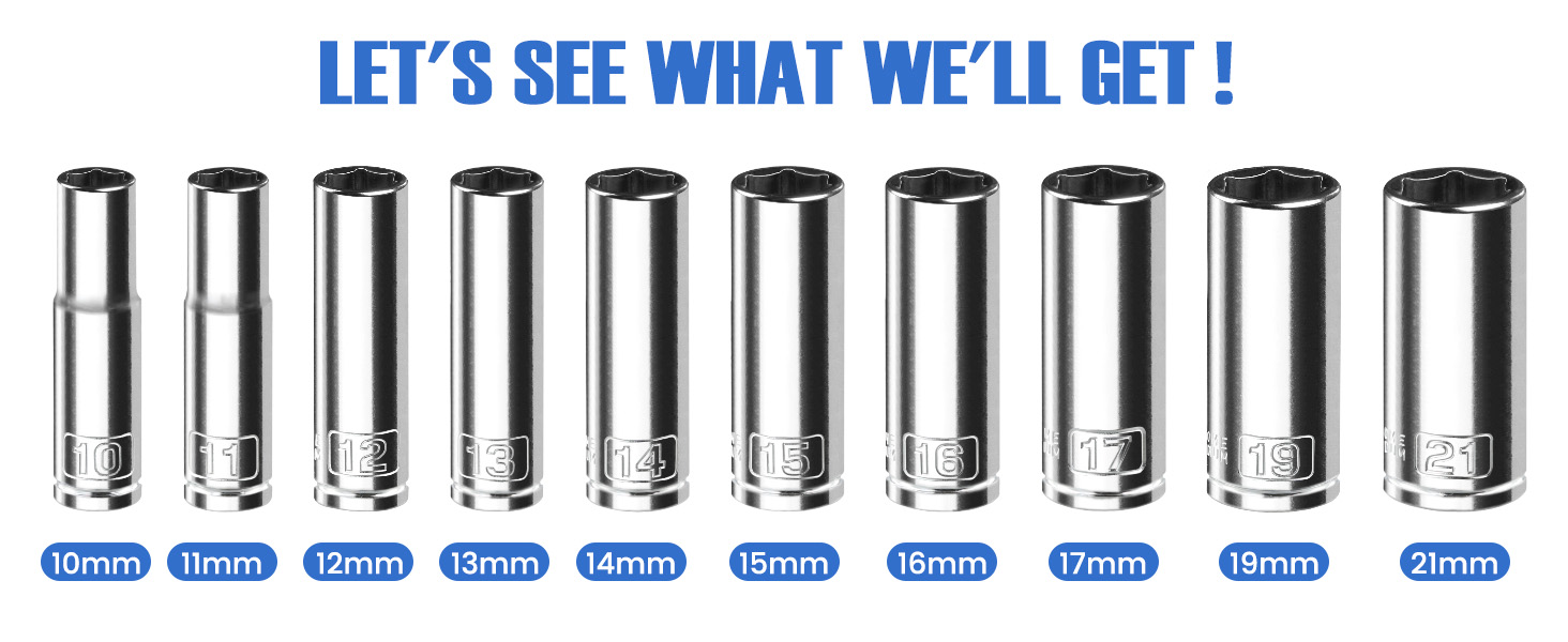 10PCS 3/8” Drive Deep Impact Socket Set, Metric(10mm-21mm)