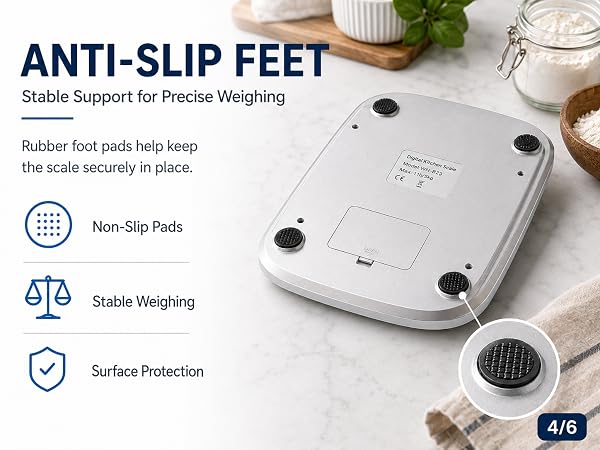 Digital kitchen scale with non-slip rubber feet for stable and secure weighing.