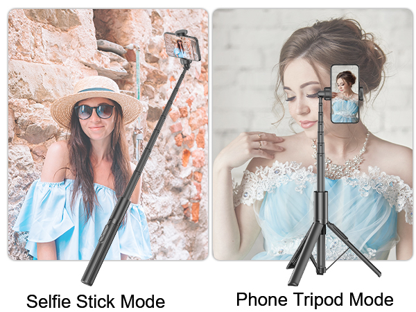 Convertible selfie stick/phone tripod shown in two modes: extended as selfie stick and set up as stable tripod stand.