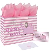 13" Large Pink Gift Bag Set with Greeting Card and Tissue Paper(3D elephant) for Baby Girl,Baby S...