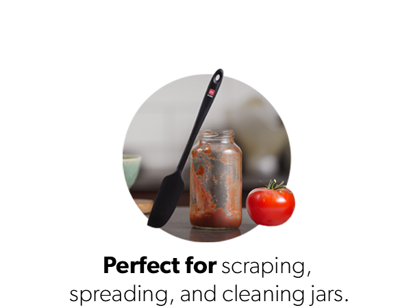 image of the jar silicone spatula with a description on what it can be used for in the kitchen