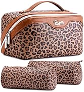 BOYATU Travel Makeup Bag Organizer: 3 Pcs Set Leopard Make up Bag for Women | Vegan Leather Cosme...
