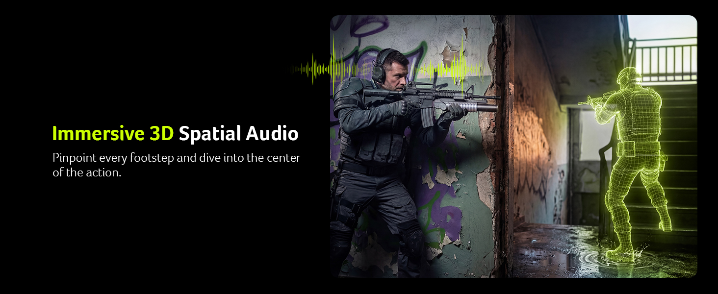 Gamer reacting to enemy footsteps, illustrating pinpoint 3D spatial audio directional sound in-game