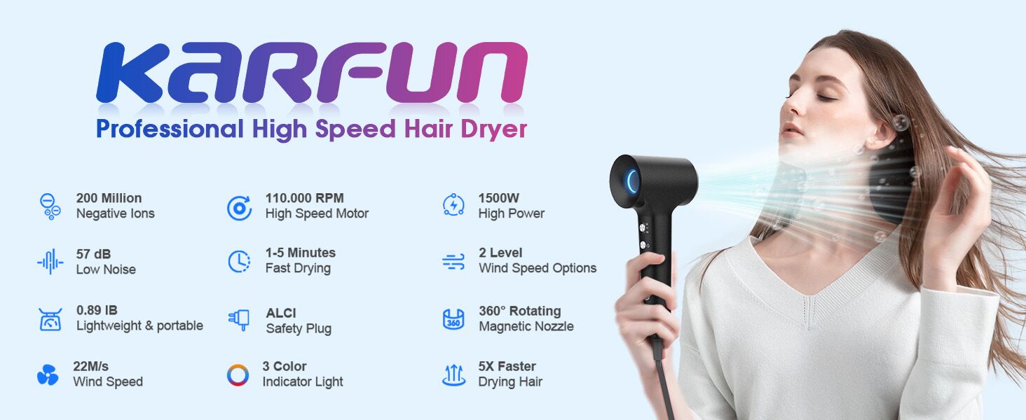 110000 RPM Hair Dryer, High-Speed Brushless Motor Fast Drying Blow Dryer, 57dB Low Noise Hair Dryer