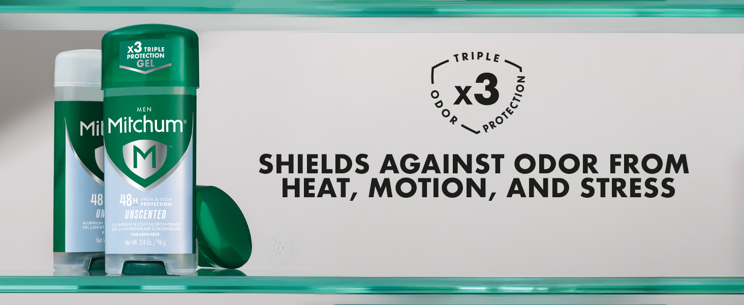 Mitchum Triple Odor Protection shields against odor from heat, motion, and stress