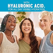 Three women smiling with a call out of hyaluronic acid