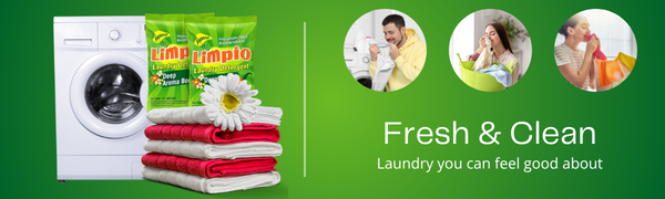 People smelling clean fresh towls and a washing machine with fresh towels