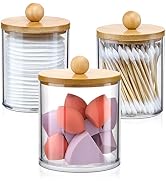 VITEVER 3 Pack Qtip Holder Dispenser with Bamboo Lids - Apothecary Jar Containers for Vanity Orga...