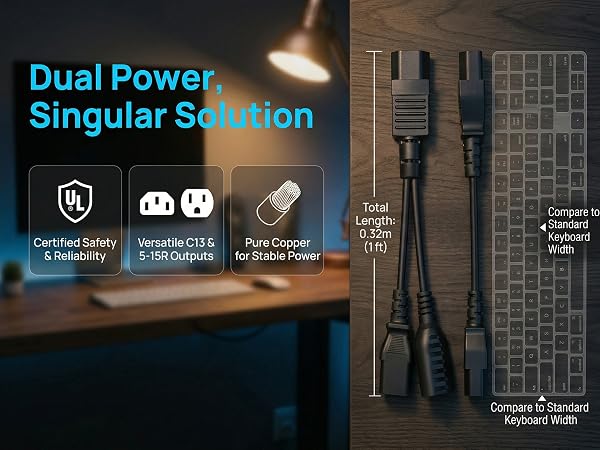 C14 to C13+5-15R Y Split Short Power Adapter Cord