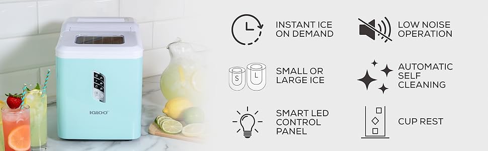 Instant on demand ice, low noise, small or large ice, self cleaning, smart control panel, cup rest