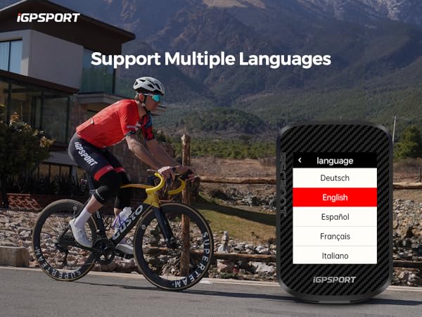 iGPSPORT device interface showing multiple language support options including Deutsch, English, Español, and Français, demonstrated during cycling.