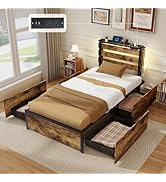 Giantex Twin Bed Frames for Kids, Twin Bed Frame with LED Lights Headboard and 4 Storage Drawers,...