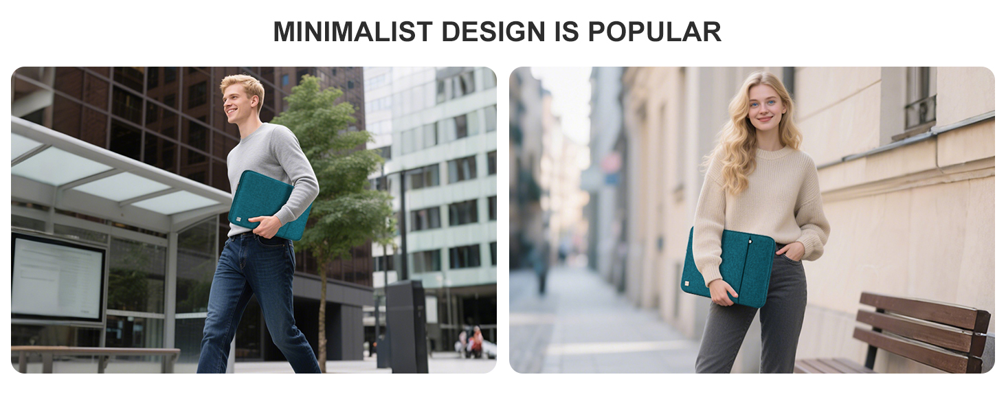Text reads 'MINIMALIST DESIGN IS POPULAR'. Series of lifestyle photos showing casual winter outerwear in urban settings.